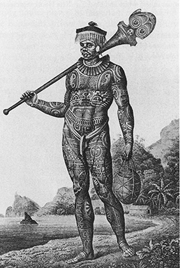 polynesian warrior that is covered from head to toe in elaborate tattoos he has a head dress and is carrying a jug and a staff
