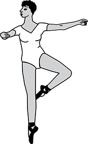 dancer standing on the tip of the toes with the right foot, the left leg is bent at the knee and with the foot tucked behind the knee of the right leg