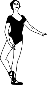 dancer standing with the left foot flat on the ground with the arch pointing out, the right leg is slightly bent with the knee open to the side, right foot is pointed and crossed tightly in front of the left ankle