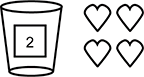 There is a cup on the left labeled 2. 4 hearts, arranged in 2 rows of 2, are on the right.  