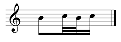Treble Clef staff has a Series of four beamed notes. First one is an eighth note, the second and third are thirty second notes, and the fourth is a sixteenth note. From left to right: B, C, B, C.  