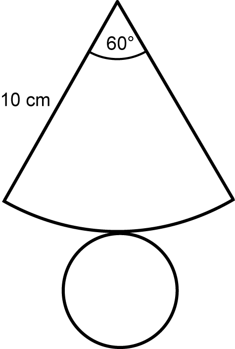 a diagram of the net for a right cone showing a sector of alarger circle connected to a smaller circle