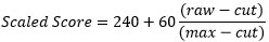 Scaled Score equals 240 + 60 times (raw minus cut over max minus cut)