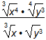 start fraction numerator start cubed root x sup four end cubed root times start fourth root y cubed end fourth root denominator start cubed root x end cubed root times square root of y cubed end fraction