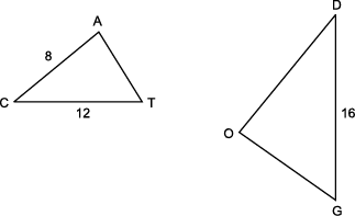 Two triangles. Triangle c a t where line c a is eight units and line c t is twelve units triangle d o g where line d g is sixteen units.
