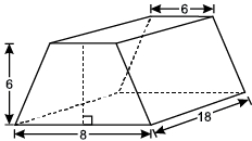 Right trapezoidal prism whose base is eight units, its top base is six units, its height is six units the length of the prism is eighteen units
