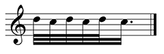 Treble Clef staff has a Series of six beamed notes. First five are thirty second notes, and the sixth is a dotted sixteenth note. From left to right: D, C, D, C, D, C. 