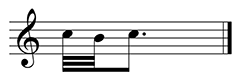 Treble Clef staff has a Series of three beamed notes. First two are thirty second notes, and the third is a dotted eighth note. From left to right: C, B, C. 