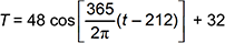 T = 48 cosine open bracket 365 divided by 2 pi times the quantity t minus 212 closed bracket + 32